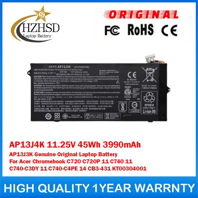 AP13J4K 11.25V 45Wh 3990mAh AP13J3K Genuine Original Laptop Battery For Acer Chromebook C720 C720P 11 C740 11 C740-C3DY 11 C740-C4PE 14 CB3-431 KT00304001