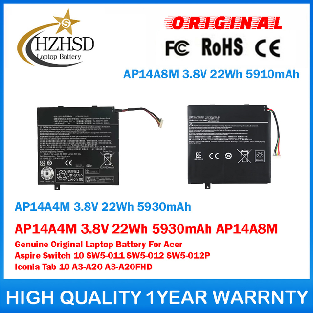 AP14A4M 3.8V 22Wh 5930mAh AP14A8M Genuine Original Laptop Battery For Acer Aspire Switch 10 SW5-011 SW5-012 SW5-012P Iconia Tab 10 A3-A20 A3-A20FHD