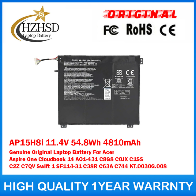 AP15H8i 11.4V 54.8Wh 4810mAh Genuine Original Laptop Battery For Acer Aspire One Cloudbook 14 AO1-431 C8G8 C0JX C1SS C2Z C7QV Swift 1 SF114-31 C38R C63A C744 KT.0030G.008