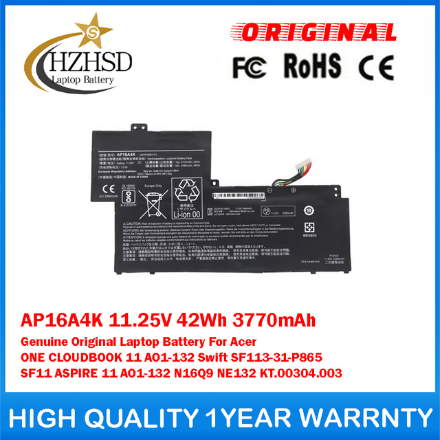 AP16A4K 11.25V 42Wh 3770mAh Genuine Original Laptop Battery For Acer ONE CLOUDBOOK 11 AO1-132 Swift SF113-31-P865 SF11 ASPIRE 11 AO1-132 N16Q9 NE132 KT.00304.003