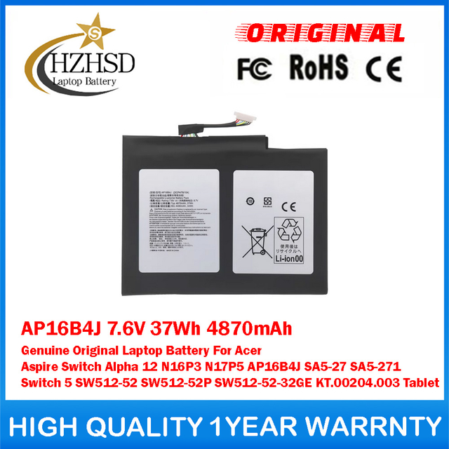 AP16B4J 7.6V 37Wh 4870mAh Genuine Original Laptop Battery For Acer Aspire Switch Alpha 12 N16P3 N17P5 AP16B4J SA5-27 SA5-271 Switch 5 SW512-52 SW512-52P SW512-52-32GE KT.00204.003 Tablet