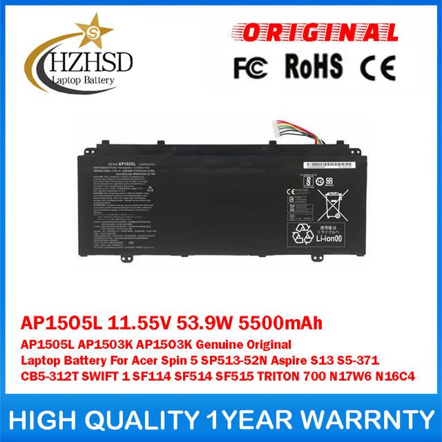AP15O5L 11.55V 53.9W 5500mAh AP1505L AP1503K AP15O3K Genuine Original Laptop Battery For Acer Spin 5 SP513-52N Aspire S13 S5-371 CB5-312T SWIFT 1 SF114 SF514 SF515 TRITON 700 N17W6 N16C4