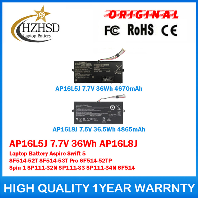AP16L5J 7.7V 36Wh AP16L8J 7.5V 36.5Wh Genuine Original Laptop Battery For Acer Aspire Swift 5 SF514-52T SF514-53T Pro SF514-52TP Spin 1 SP111-32N SP111-33 SP111-34N SF514