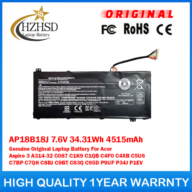 AP18B18J 7.6V 34.31Wh 4515mAh Genuine Original Laptop Battery For Acer Aspire 3 A314-32 C087 C1K9 C1QB C4F0 C4XB C5U6 C7BP C7QH C8BJ C9BT C83Q C95D P9UF P34J P1EV