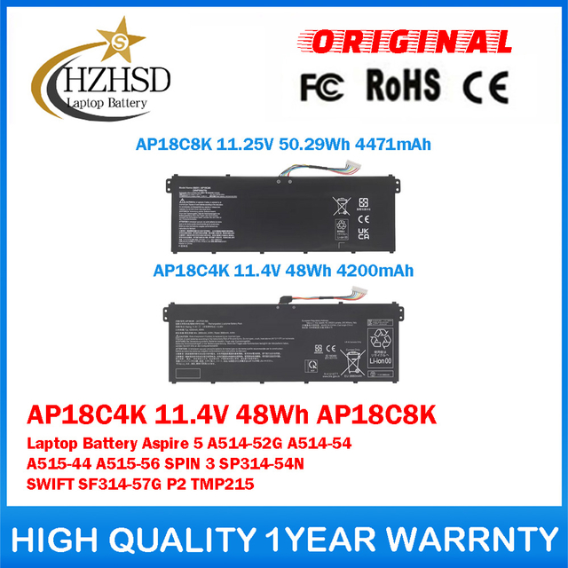 AP18C4K 11.4V 48Wh AP18C8K 11.25V 50.29Wh Genuine Original Laptop Battery For Acer Aspire 5 A514-52G A514-54 A515-44 A515-56 SPIN 3 SP314-54N SWIFT SF314-57G P2 TMP215