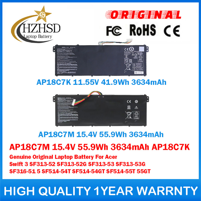 AP18C7M 15.4V 55.9Wh 3634mAh AP18C7K Genuine Original Laptop Battery For Acer Swift 3 SF313-52 SF313-52G SF313-53 SF313-53G SF316-51 5 SF514-54T SF514-54GT SF514-55T 55GT