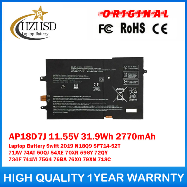 AP18D7J 11.55V 31.9Wh 2770mAh Genuine Original Laptop Battery For Acer Swift 2019 N18Q9 SF714-52T 71JW 74AT 50QJ 54XE 70XR 598Y 72QY 734F 741M 75G4 76BA 76X0 79XN 718C