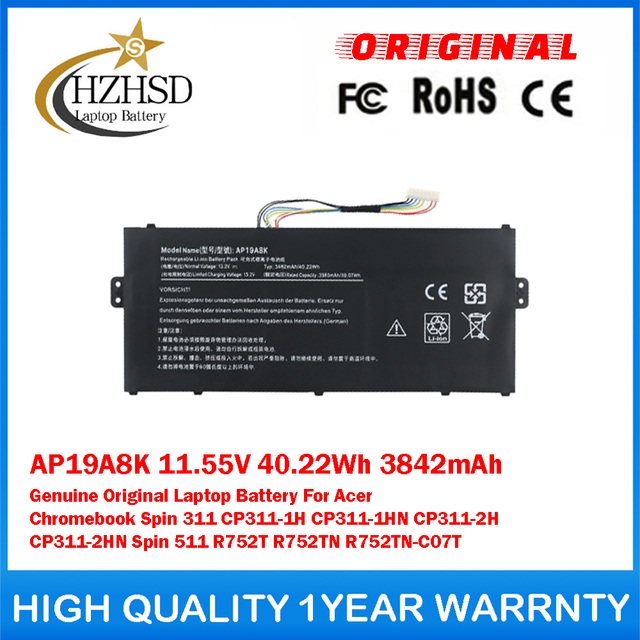 AP19A8K 11.55V 40.22Wh 3842mAh Genuine Original Laptop Battery For Acer Chromebook Spin 311 CP311-1H CP311-1HN CP311-2H CP311-2HN Spin 511 R752T R752TN R752TN-C07T