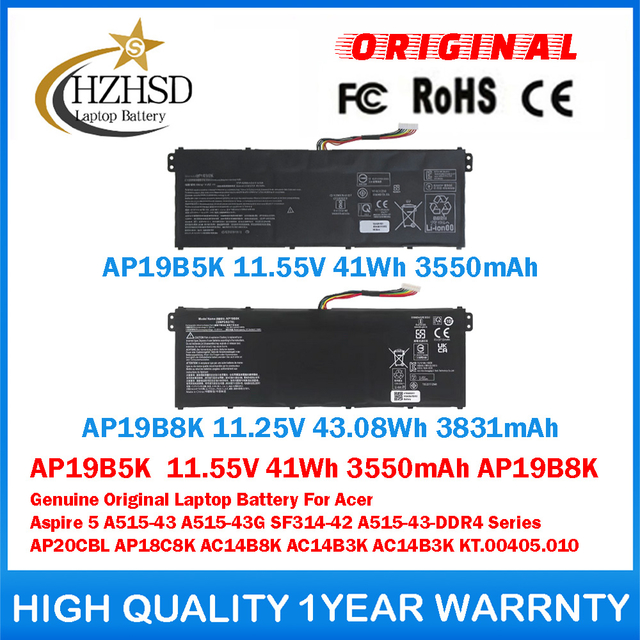AP19B5K 11.55V 41Wh 3550mAh AP19B8K Genuine Original Laptop Battery For Acer Aspire 5 A515-43 A515-43G SF314-42 A515-43-DDR4 Series AP20CBL AP18C8K AC14B8K AC14B3K AC14B3K KT.00405.010