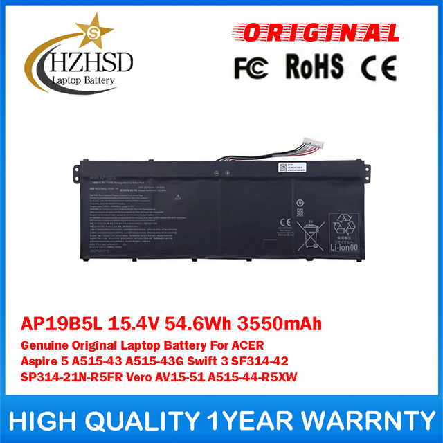 AP19B5L 15.4V 54.6Wh 3550mAh Genuine Original Laptop Battery For ACER Aspire 5 A515-43 A515-43G Swift 3 SF314-42 SP314-21N-R5FR Vero AV15-51 A515-44-R5XW