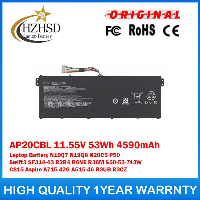 AP20CBL 11.55V 53Wh 4590mAh Genuine Original Laptop Battery For Acer N19Q7 N19Q8 N20C5 P50 Swift3 SF314-43 R2R4 R6NE R36M S50-53-743W C815 Aspire A715-42G A515-46 R3UB R3CZ