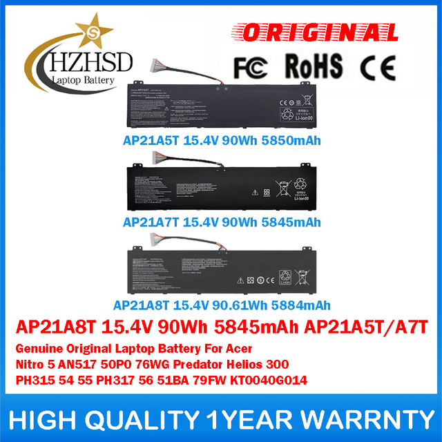 AP21A8T 15.4V 90Wh 5845mAh AP21A5T AP21A7T Genuine Original Laptop Battery For Acer Nitro 5 AN517 50P0 76WG Predator Helios 300 PH315 54 55 PH317 56 51BA 79FW KT0040G014