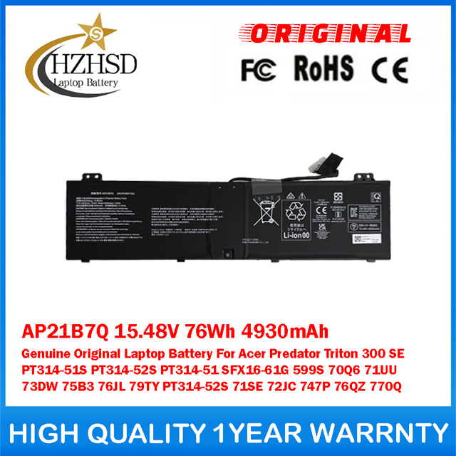 AP21B7Q 15.48V 76Wh 4930mAh Genuine Original Laptop Battery For Acer Predator Triton 300 SE PT314-51S PT314-52S PT314-51 SFX16-61G 599S 70Q6 71UU 73DW 75B3 76JL 79TY PT314-52S 71SE 72JC 747P 76QZ 770Q