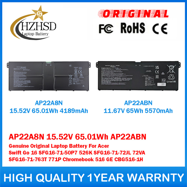 AP22A8N 15.52V 65.01Wh AP22ABN 11.67V 65Wh Genuine Original Laptop Battery For Acer Swift Go 16 SFG16-71-50P7 526K SFG16-71-72JL 72VA SFG16-71-763T 771P Chromebook 516 GE CBG516-1H