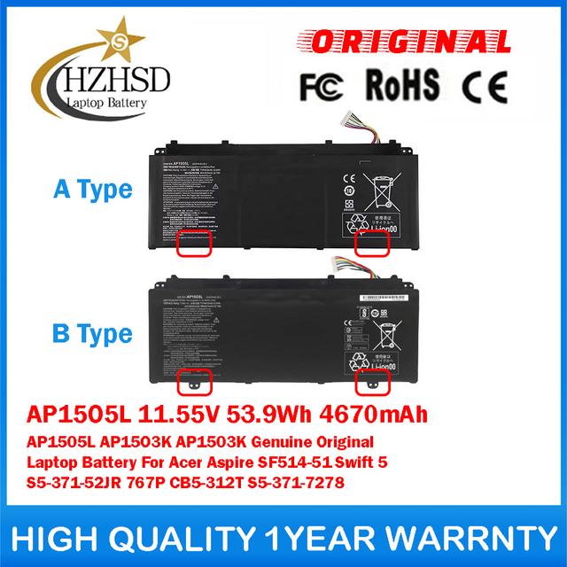 AP15O5L 11.55V 53.9Wh 4670mAh AP1505L AP15O3K AP1503K Genuine Original Laptop Battery For Acer Aspire SF514-51 Swift 5 S5-371-52JR 767P CB5-312T S5-371-7278