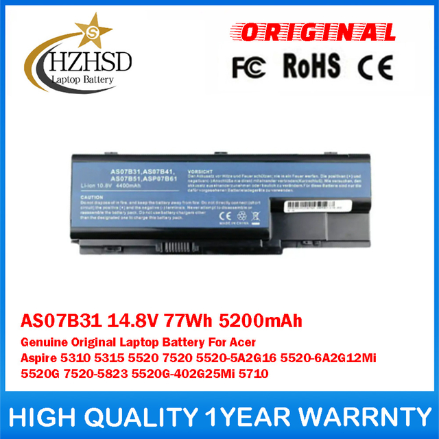 AS07B31 14.8V 77Wh 5200mAh Genuine Original Laptop Battery For Acer Aspire 5310 5315 5520 7520 5520-5A2G16 5520-6A2G12Mi 5520G 7520-5823 5520G-402G25Mi 5710