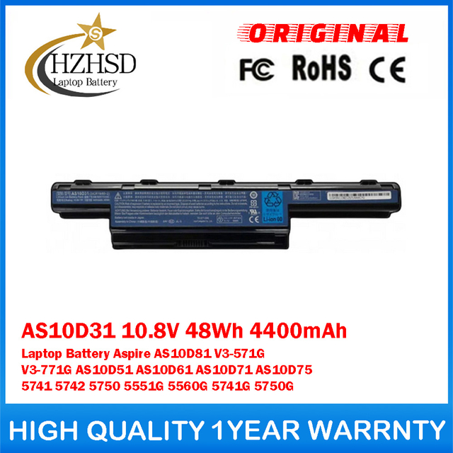 AS10D31 10.8V 48Wh 4400mAh Genuine Original Laptop Battery For Acer Aspire AS10D81 V3-571G V3-771G AS10D51 AS10D61 AS10D71 AS10D75 5741 5742 5750 5551G 5560G 5741G 5750G