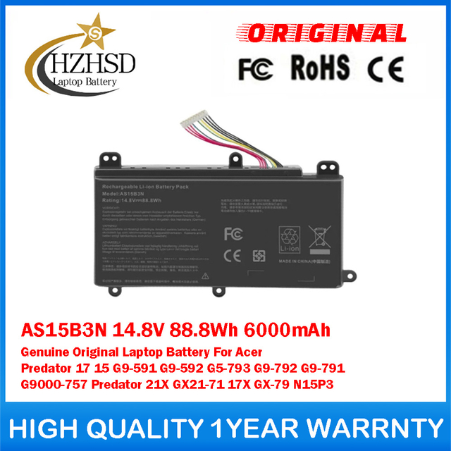 AS15B3N 14.8V 88.8Wh 6000mAh Genuine Original Laptop Battery For Acer Predator 17 15 G9-591 G9-592 G5-793 G9-792 G9-791 G9000-757 Predator 21X GX21-71 17X GX-79 N15P3
