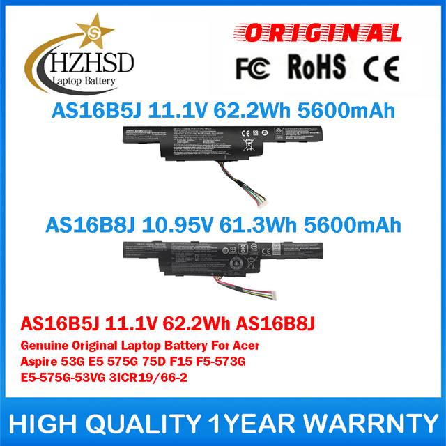 AS16B5J 11.1V 62.2Wh AS16B8J 10.95V 61.3Wh Genuine Original Laptop Battery For Acer Aspire 53G E5 575G 75D F15 F5-573G E5-575G-53VG 3ICR19/66-2