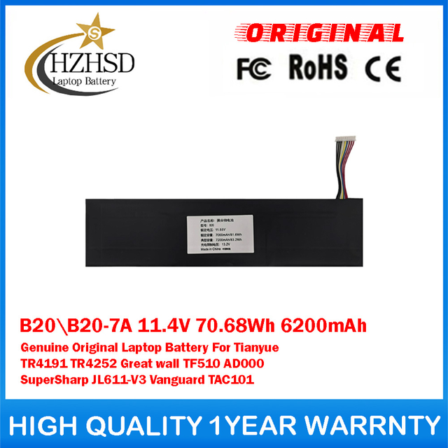 B20\B20-7A 11.4V 70.68Wh 6200mAh Genuine Original Laptop Battery For TIANYUE TR4191 TR4252 Great wall TF510 AD000 SuperSharp JL611-V3 Vanguard TAC101