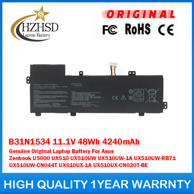 B31N1534 11.1V 48Wh 4240mAh Genuine Original Laptop Battery For Asus Zenbook U5000 UX510 UX510UW UX510UW-1A UX510UW-RB71 UX510UW-CN044T UX510UX-1A UX510UX-CN020T-BE