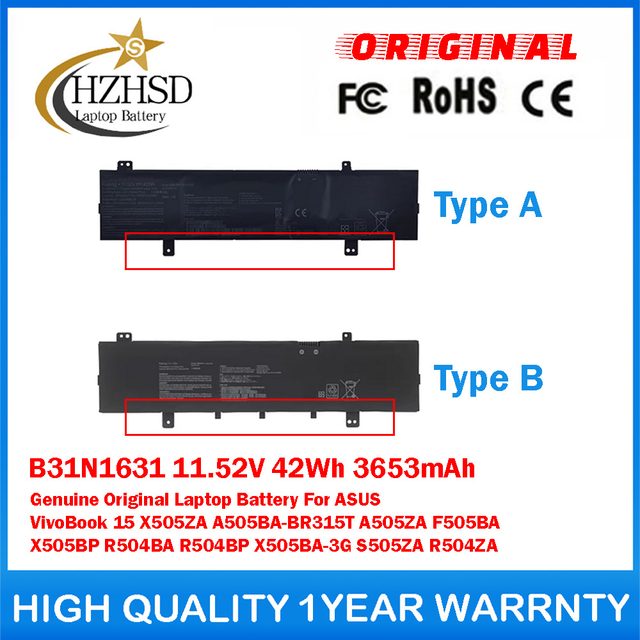 B31N1631 11.52V 42Wh 3653mAh Genuine Original Laptop Battery For ASUS VivoBook 15 X505ZA A505BA-BR315T A505ZA F505BA X505BP R504BA R504BP X505BA-3G S505ZA R504ZA