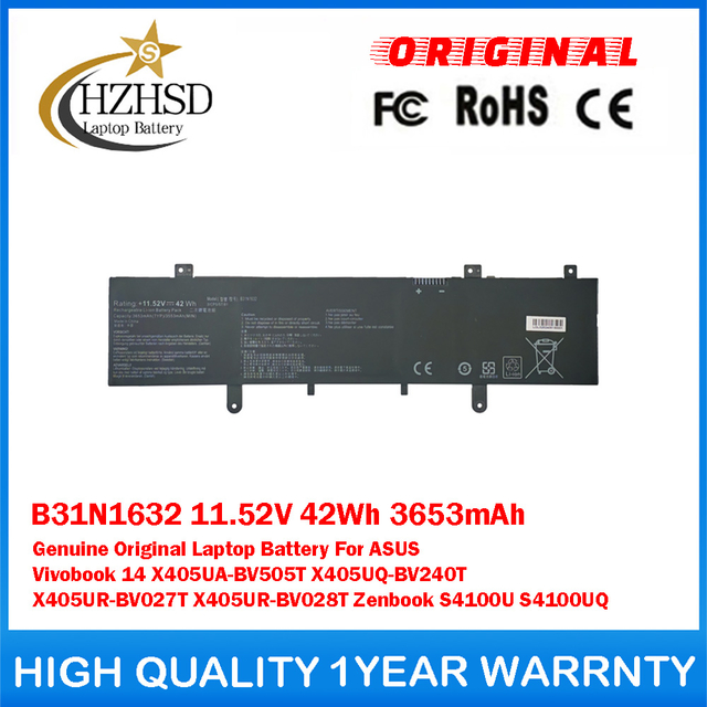B31N1632 11.52V 42Wh 3653mAh Genuine Original Laptop Battery For ASUS Vivobook 14 X405UA-BV505T X405UQ-BV240T X405UR-BV027T X405UR-BV028T Zenbook S4100U S4100UQ