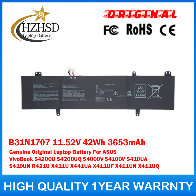 B31N1707 11.52V 42Wh 3653mAh Genuine Original Laptop Battery For ASUS VivoBook S4200U S4200UQ S4000V S4100V S410UA S410UN R421U X411U X441UA X411UF X411UN X411UQ