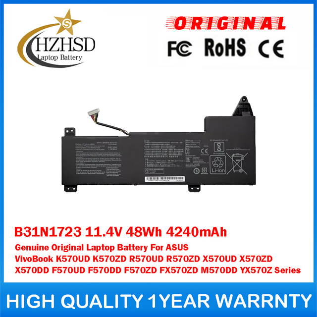 B31N1723 11.4V 48Wh 4240mAh Genuine Original Laptop Battery For ASUS VivoBook K570UD K570ZD R570UD R570ZD X570UD X570ZD X570DD F570UD F570DD F570ZD FX570ZD M570DD YX570Z Series