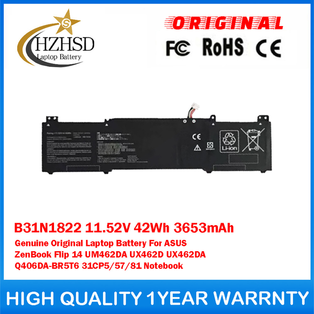 B31N1822 11.52V 42Wh 3653mAh Genuine Original Laptop Battery For ASUS ZenBook Flip 14 UM462DA UX462D UX462DA Q406DA-BR5T6 31CP5/57/81 Notebook