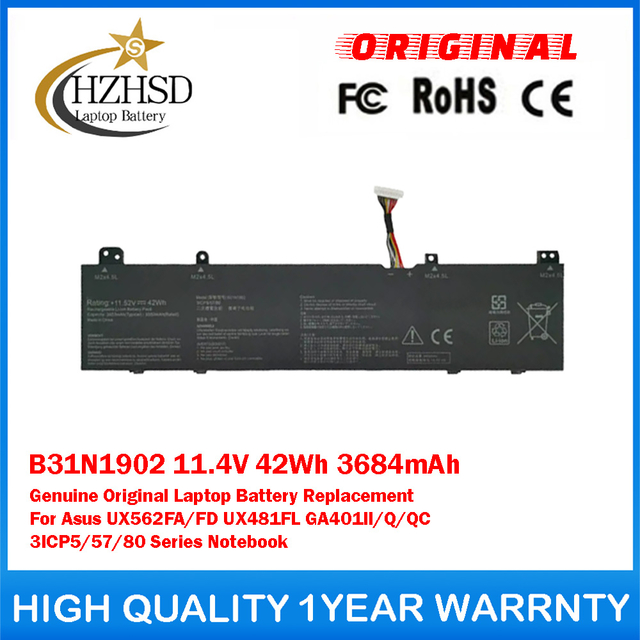 B31N1902 11.4V 42Wh 3684mAh Genuine Original Laptop Battery Replacement For Asus UX562FA/FD UX481FL GA401II/Q/QC 3ICP5/57/80 Series Notebook