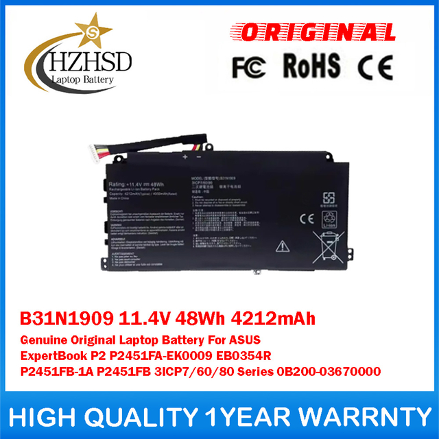 B31N1909 11.4V 48Wh 4212mAh Genuine Original Laptop Battery For ASUS ExpertBook P2 P2451FA-EK0009 EB0354R P2451FB-1A P2451FB 3ICP7/60/80 Series 0B200-03670000