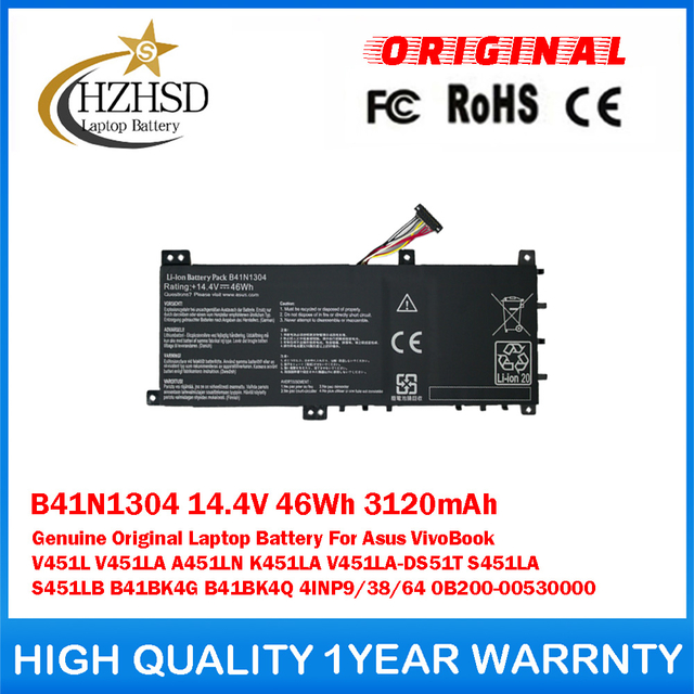 B41N1304 14.4V 46Wh 3120mAh Genuine Original Laptop Battery For Asus VivoBook V451L V451LA A451LN K451LA V451LA-DS51T S451LA S451LB B41BK4G B41BK4Q 4INP9/38/64 0B200-00530000