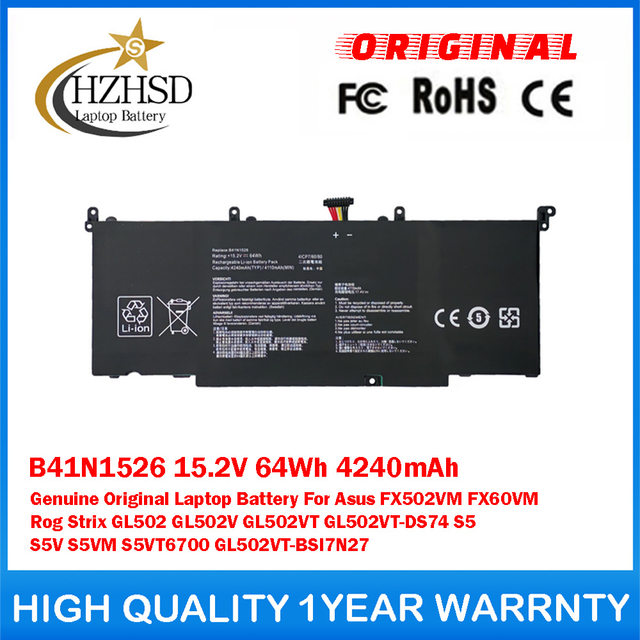 B41N1526 15.2V 64Wh 4240mAh Genuine Original Laptop Battery For Asus FX502VM FX60VM Rog Strix GL502 GL502V GL502VT GL502VT-DS74 S5 S5V S5VM S5VT6700 GL502VT-BSI7N27