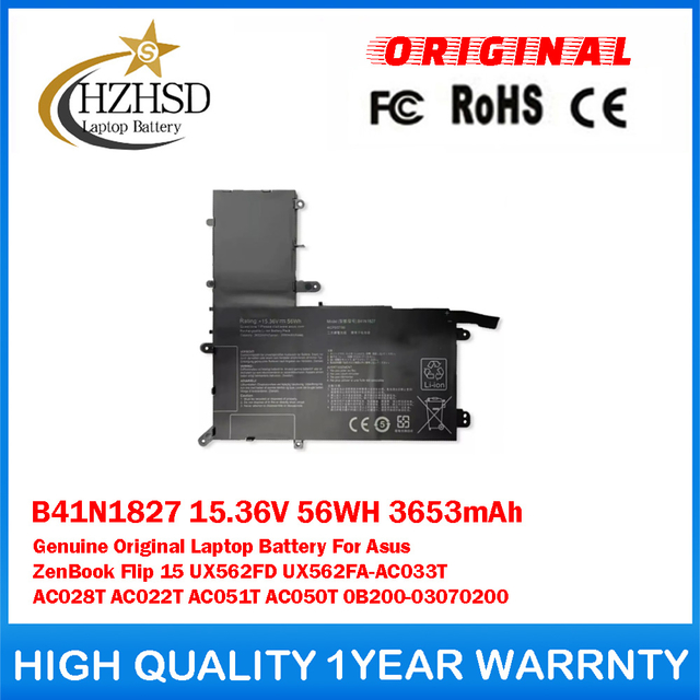 B41N1827 15.36V 56WH 3653mAh Genuine Original Laptop Battery For Asus ZenBook Flip 15 UX562FD UX562FA-AC033T AC028T AC022T AC051T AC050T 0B200-03070200