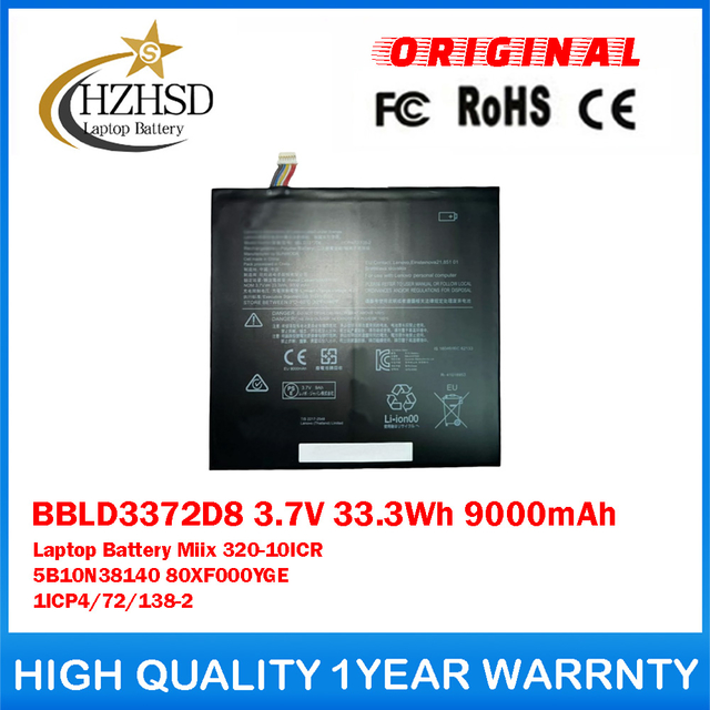 BBLD3372D8 3.7V 33.3Wh 9000mAh Genuine Original Laptop Battery For Lenovo IdeaPad Miix 320-10ICR 5B10N38140 80XF000YGE 1ICP4/72/138-2