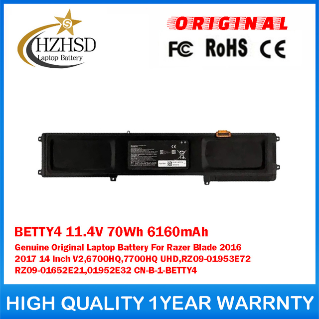 BETTY4 11.4V 70Wh 6160mAh Genuine Original Laptop Battery For Razer Blade 2016 2017 14 Inch V2,6700HQ,7700HQ UHD,RZ09-01953E72,RZ09-01652E21,01952E32 CN-B-1-BETTY4