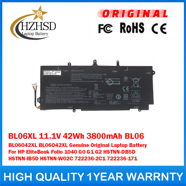 BL06XL 11.1V 42Wh 3800mAh BL06 BL06042XL BL06O42XL Genuine Original Laptop Battery For HP EliteBook Folio 1040 G0/1/2 HSTNN-DB5D HSTNN-IB5D HSTNN-W02C 722236-2C1 722236-171