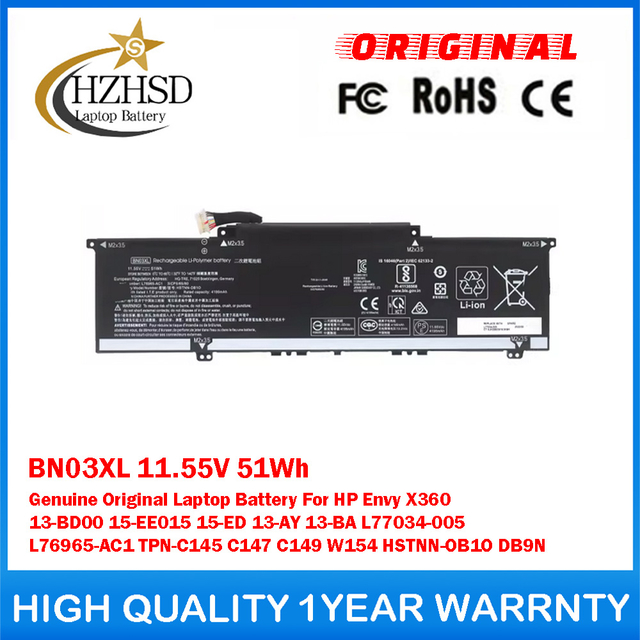 BN03XL 11.55V 51Wh Genuine Original Laptop Battery For HP Envy X360 13-BD00 15-EE015 15-ED 13-AY 13-BA L77034-005 L76965-AC1 TPN-C145 C147 C149 W154 HSTNN-OB1O DB9N