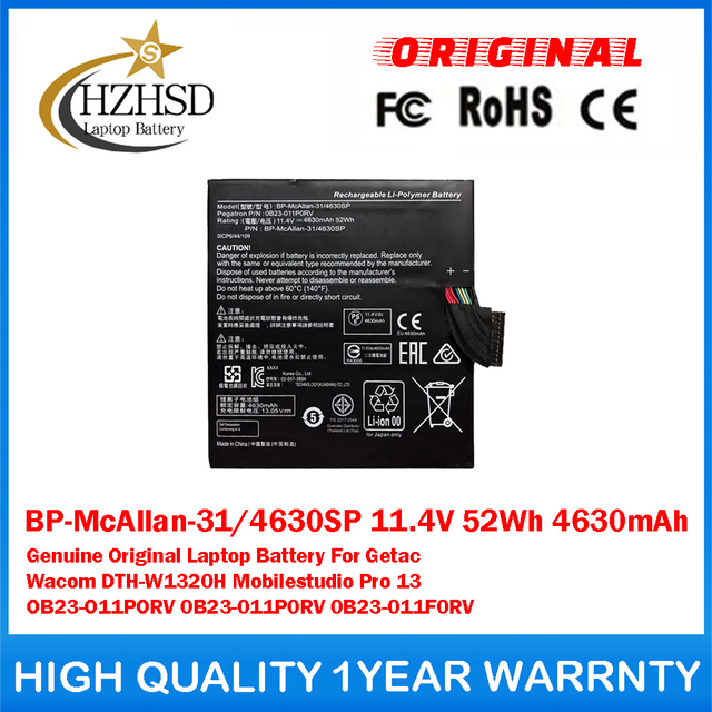 BP-McAllan-31/4630SP 11.4V 52Wh 4630mAh Genuine Original Laptop Battery For Getac Wacom DTH-W1320H Mobilestudio Pro 13 OB23-O11PORV 0B23-011P0RV 0B23-011F0RV