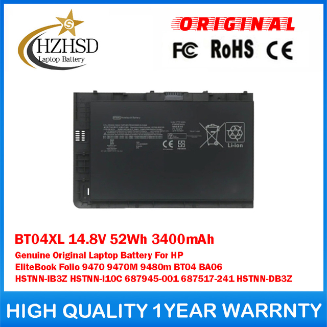 BT04XL 14.8V 52Wh 3400mAh Genuine Original Laptop Battery For HP EliteBook Folio 9470 9470M 9480m BT04 BA06 HSTNN-IB3Z HSTNN-I10C 687945-001 687517-241 HSTNN-DB3Z