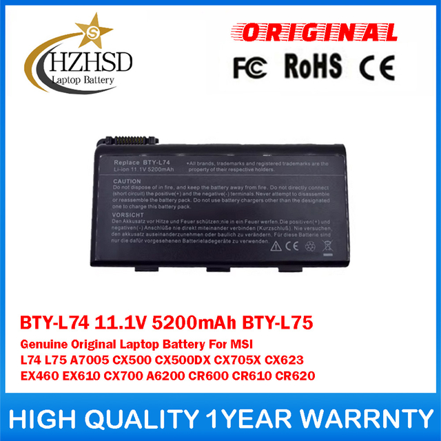 BTY-L74 11.1V 5200mAh BTY-L75 Genuine Original Laptop Battery For MSI L74 L75 A7005 CX500 CX500DX CX705X CX623 EX460 EX610 CX700 A6200 CR600 CR610 CR620