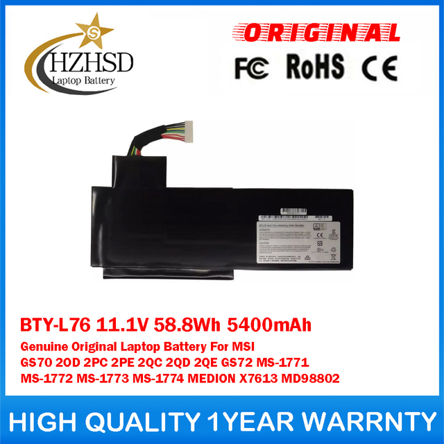 BTY-L76 11.1V 58.8Wh 5400mAh Genuine Original Laptop Battery For MSI GS70 2OD 2PC 2PE 2QC 2QD 2QE GS72 MS-1771 MS-1772 MS-1773 MS-1774 MEDION X7613 MD98802