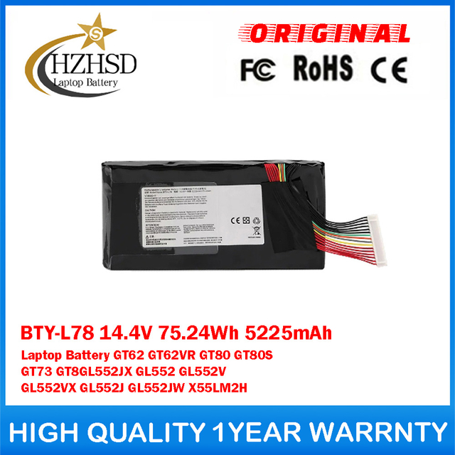 BTY-L78 14.4V 75.24Wh 5225mAh Genuine Original Laptop Battery For MSI GT62 GT62VR GT80 GT80S GT73 GT8GL552JX GL552 GL552V GL552VX GL552J GL552JW X55LM2H