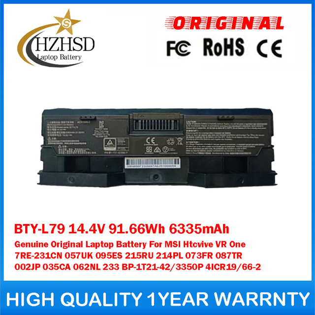 BTY-L79 14.4V 91.66Wh 6335mAh Genuine Original Laptop Battery For MSI Htcvive VR One 7RE-231CN 057UK 095ES 215RU 214PL 073FR 087TR 002JP 035CA 062NL 233 BP-1T21-42/3350P 4ICR19/66-2