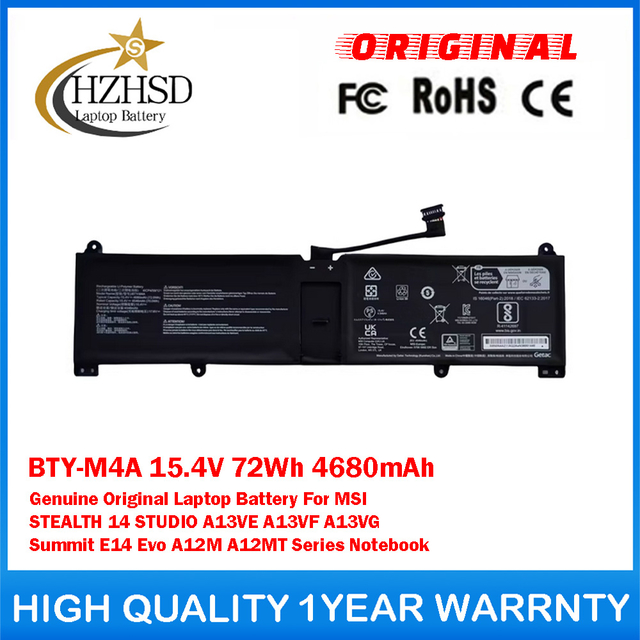 BTY-M4A 15.4V 72Wh 4680mAh Genuine Original Laptop Battery For MSI STEALTH 14 STUDIO A13VE A13VF A13VG Summit E14 Evo A12M A12MT Series Notebook