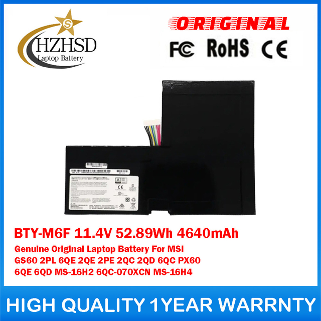 BTY-M6F 11.4V 52.89Wh 4640mAh Genuine Original Laptop Battery For MSI GS60 2PL 6QE 2QE 2PE 2QC 2QD 6QC PX60 6QE 6QD MS-16H2 6QC-070XCN MS-16H4