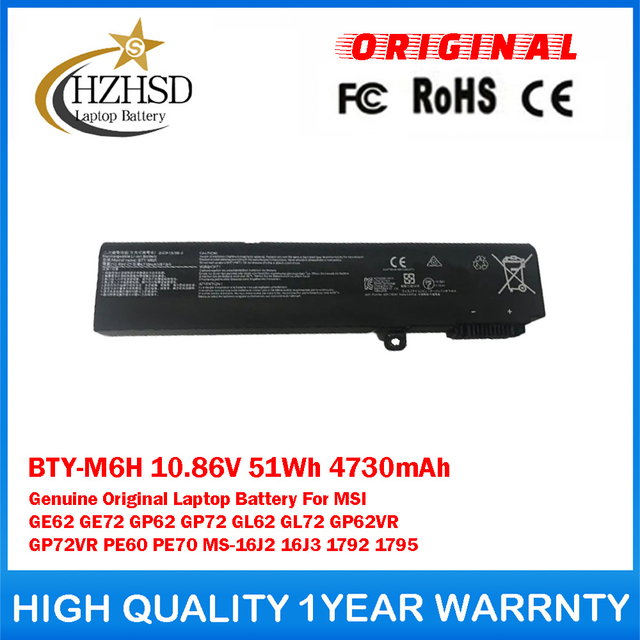 BTY-M6H 10.86V 51Wh 4730mAh Genuine Original Laptop Battery For MSI GE62 GE72 GP62 GP72 GL62 GL72 GP62VR GP72VR PE60 PE70 MS-16J2 16J3 1792 1795