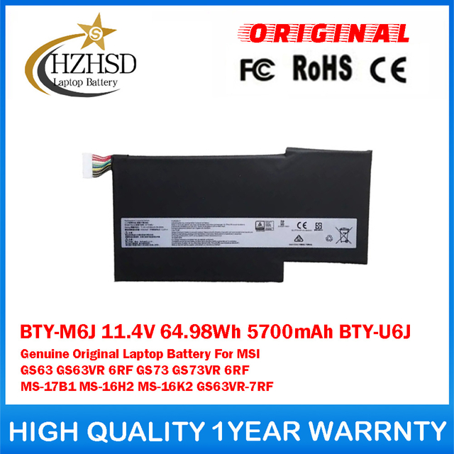 BTY-M6J 11.4V 64.98Wh 5700mAh BTY-U6J Genuine Original Laptop Battery For MSI GS63 GS63VR 6RF GS73 GS73VR 6RF MS-17B1 MS-16H2 MS-16K2 GS63VR-7RF