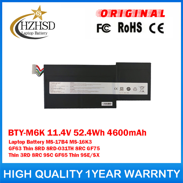 BTY-M6K 11.4V 52.4Wh 4600mAh Genuine Original Laptop Battery For MSI MS-17B4 MS-16K3 GF63 Thin 8RD 8RD-031TH 8RC GF75 Thin 3RD 8RC 9SC GF65 Thin 9SE/SX